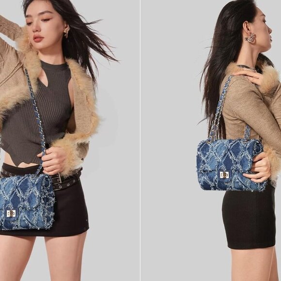 MKP Women Small Shoulder Bags Quilted Crossbody Distressed Jean Denim Purse Even - Picture 5 of 6